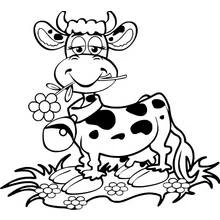 Cow chewing a flower in a meadow coloring page