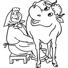 Cow being milked by a farmer coloring page
