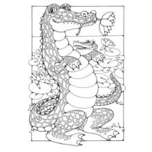 Crocodile holding a lily flower with baby crocodile coloring page