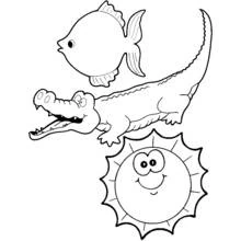 Crocodile with a fish and a smiling sun coloring page