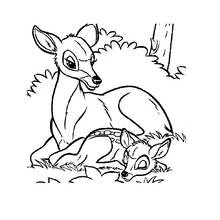 Doe resting with her fawn in the forest coloring page