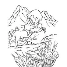 Heidi cuddling a doe in the mountains coloring page