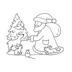 Doe greeted by Santa Claus near a fir tree coloring page