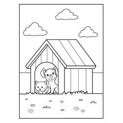 Dog and cat sitting in a kennel coloring page