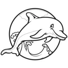 Dolphin jumping through waves in a circle frame coloring page
