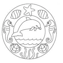 Dolphin mandala with seahorses and shells coloring page