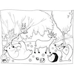Forest animals gathered in a clearing coloring page