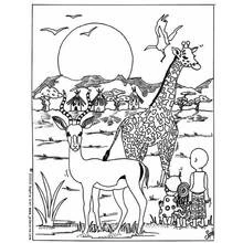 Giraffe and antelope in an African savanna scene coloring page