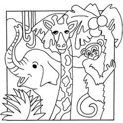 Elephant, giraffe and monkey in the jungle coloring page