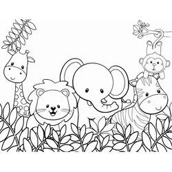 Cute jungle animals gathered together coloring page