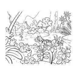 Jungle animals gathered by a waterfall coloring page