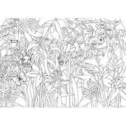 Jungle scene full of hidden animals coloring page