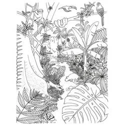 Rainforest scene with sloths, toucan and jaguar coloring page