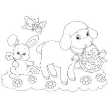 Lamb carrying a flower basket with a bunny coloring page