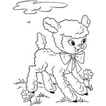Lamb with a bow standing in a flowery field coloring page