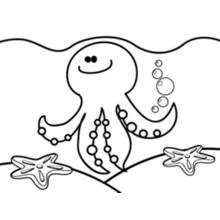 Octopus smiling underwater with starfish coloring page