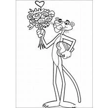 Pink Panther holding a bouquet of flowers coloring page