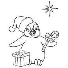 Penguin with Christmas hat and candy cane coloring page