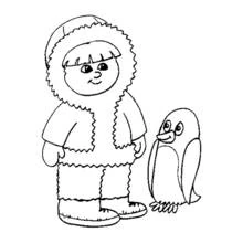 Penguin standing next to a child in a fur coat coloring page