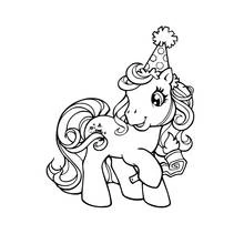 Pony wearing a birthday party hat coloring page