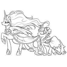 Pony princess with young pony bowing coloring page