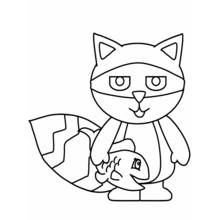 Raccoon holding a fish coloring page