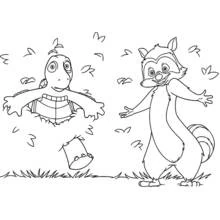 Raccoon dancing with a turtle popping out of the ground coloring page