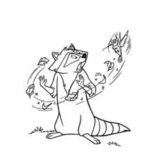Raccoon standing amid swirling leaves and a hummingbird coloring page