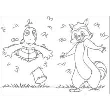 Raccoon and turtle playing in falling leaves coloring page
