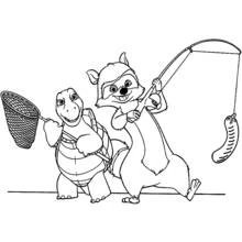 Raccoon fishing with a turtle friend coloring page