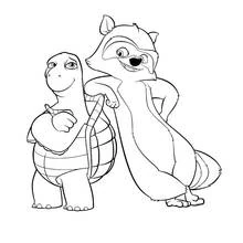 Raccoon leaning on a turtle's shell coloring page