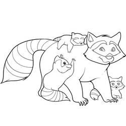 Raccoon family with kits playing coloring page