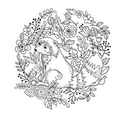 Raccoon surrounded by flowers and foliage coloring page