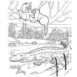 Raccoons and crocodile by the water coloring page
