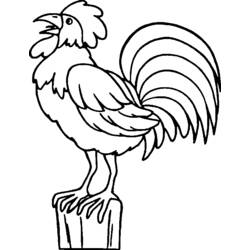 Rooster crowing on a wooden post coloring page