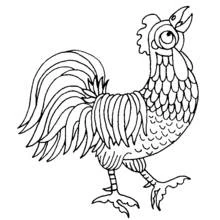 Rooster walking with tail feathers spread coloring page