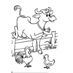 Rooster with a cow jumping over a fence coloring page