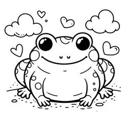 Toad sitting happily among clouds and hearts coloring page