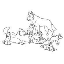 Wolf family gathered together with playful cubs coloring page