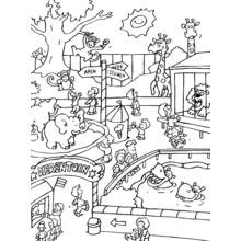 Zoo visit with animals and visitors coloring page
