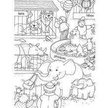 Zoo scene with lions, seals and elephants coloring page