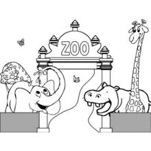 Zoo entrance with lion, elephant, hippo and giraffe coloring page