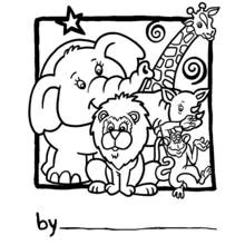 Elephant, lion, giraffe and monkey together coloring page