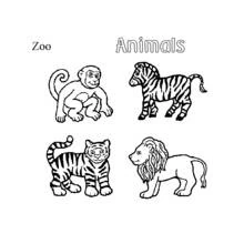 Zoo animals: monkey, zebra, tiger and lion coloring page