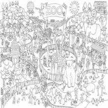 Big zoo scene with many animals and visitors coloring page