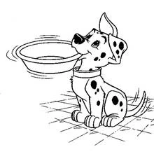 101 Dalmatians puppy sitting near his bowl coloring page