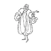 Cruella De Vil posing in her fur coat coloring page