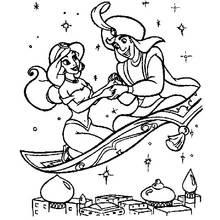 Aladdin and Jasmine on the magic carpet coloring page