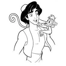 Aladdin smiling with Abu the monkey on his shoulder coloring page