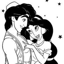 Aladdin and Jasmine smiling under the stars coloring page